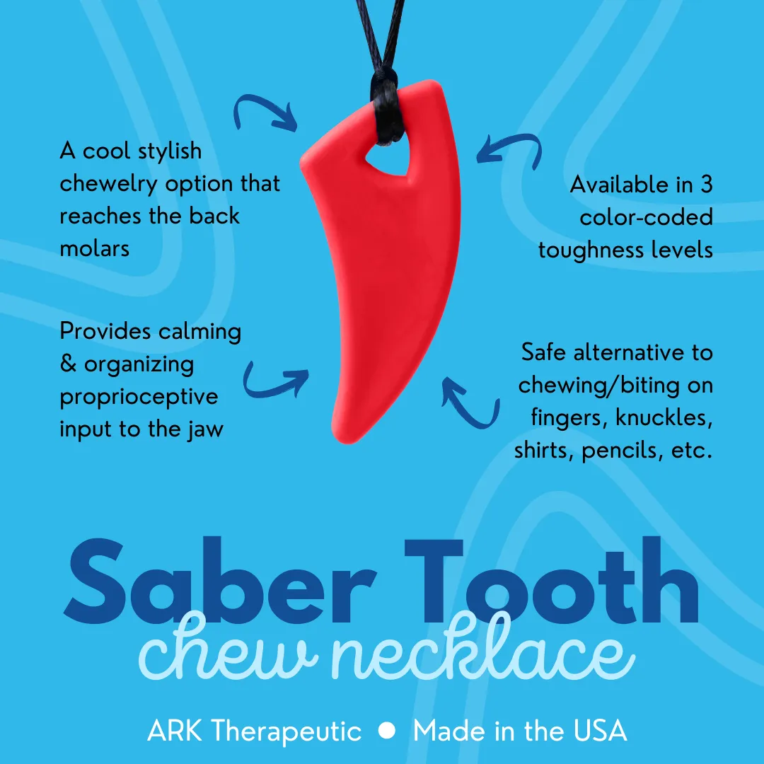 Le collier Sabertooth est une chaîne robuste à mâcher en forme de dents de requin pour garçons. Étant donné le modèle étroit, il n’est pas adapté aux morsures dures ou aux mordillements.
