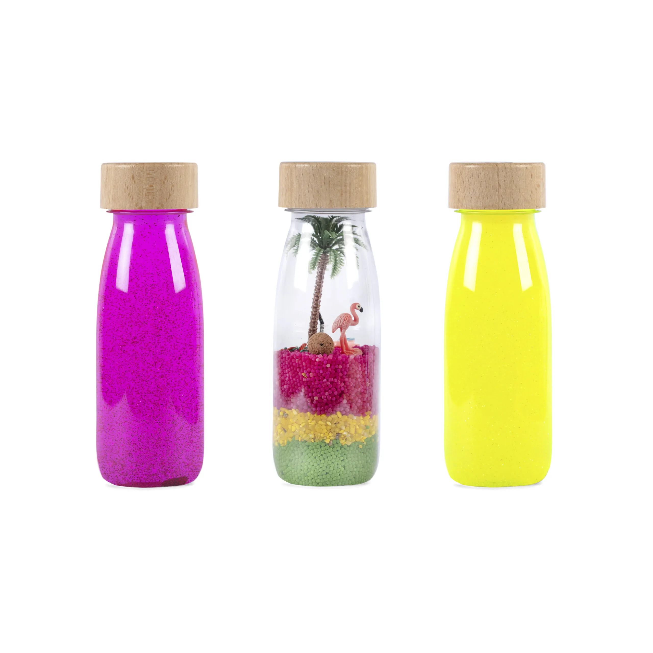Petit Boum Sensory Bottles, une sélection avec un paradis thématique, une bouteille flottante et une bouteille flamant rose