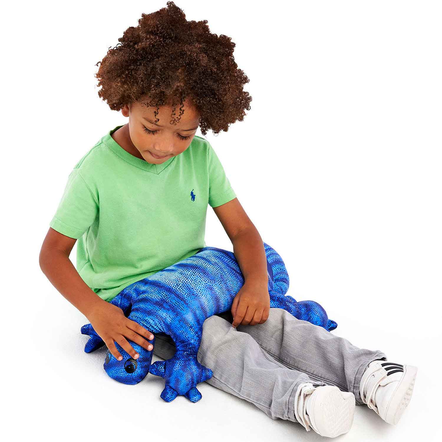 Lézard lesté Manimo, 2 kg, à utiliser sur vos genoux, votre corps ou vos épaules, soutient les enfants dans la détente et la régulation des émotions.