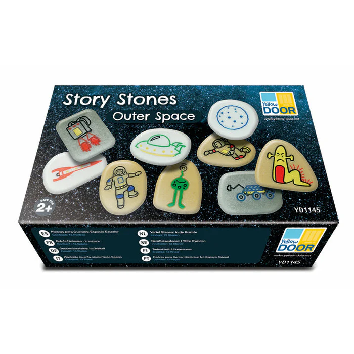 Storystones Space met les enfants au défi de donner vie à des histoires sur les voyages dans l’espace. Se compose de 13 pierres d’histoire magnifiquement gravées.