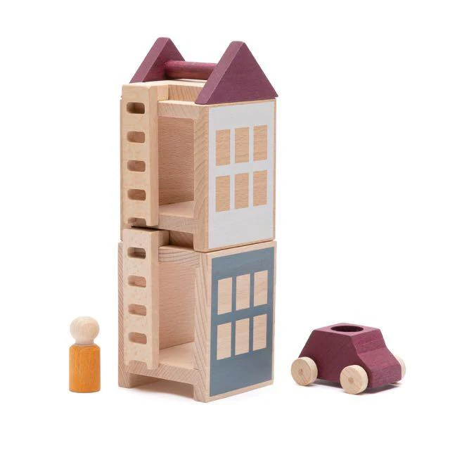 Lubulona city mini est un bel ensemble de jouets en bois qui se prête parfaitement aux jouets à extrémité ouverte. Agréable à combiner avec les arbres empilables.