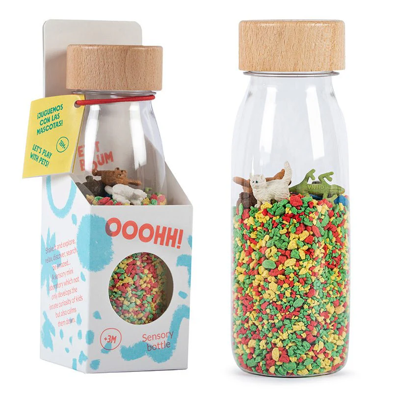petit boum sensorische fles gevuld met de favoriete huisdieren van je kind