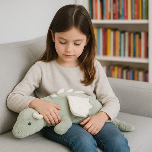 Un jouet en peluche doux et lesté en forme de dragon aux couleurs apaisantes, conçu pour aider les enfants à se détendre et à se sentir en sécurité.