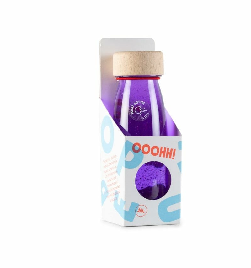 La bouteille flottante petit boum est une bouteille sensorielle remplie de liquide, de paillettes et de pompon. Ils mettent les enfants au défi de découvrir et de jouer sensoriel