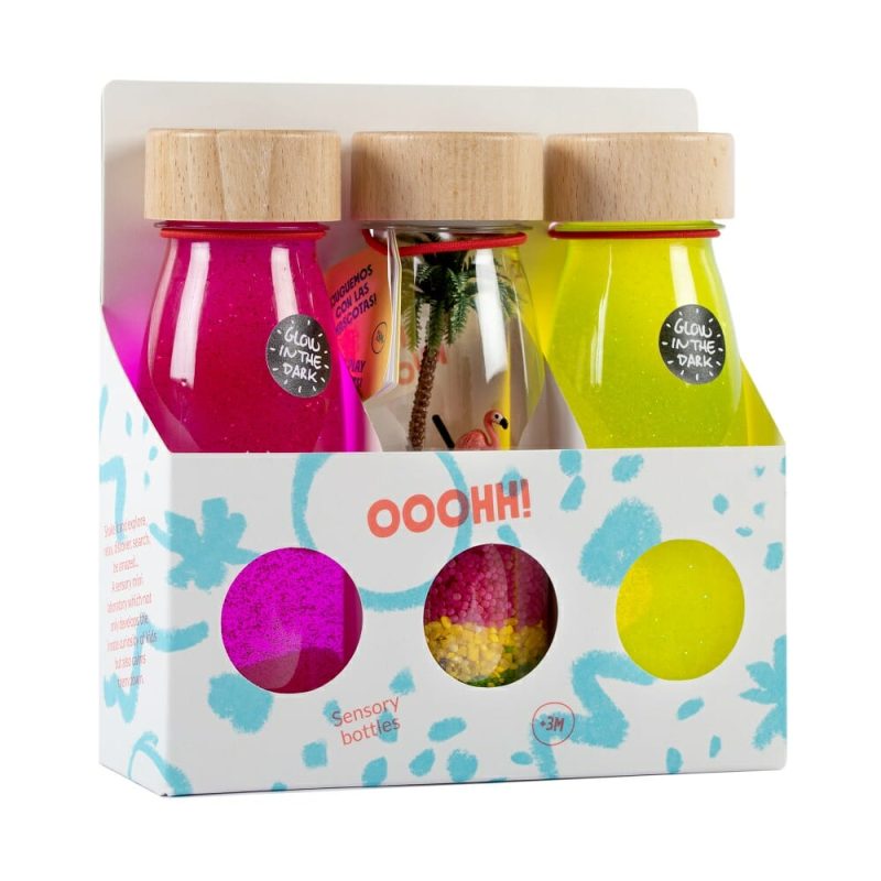 petit boum 3pack paradise est un ensemble de 3 bouteilles sensorielles qui mettent les enfants au défi d’explorer avec les sens.