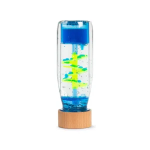 Flacon sensoriel relaxant Move Bottle Spiral Blue de Petit Boum - des gouttelettes de liquide colorées en mouvement pour la paix et l’émerveillement visuel.