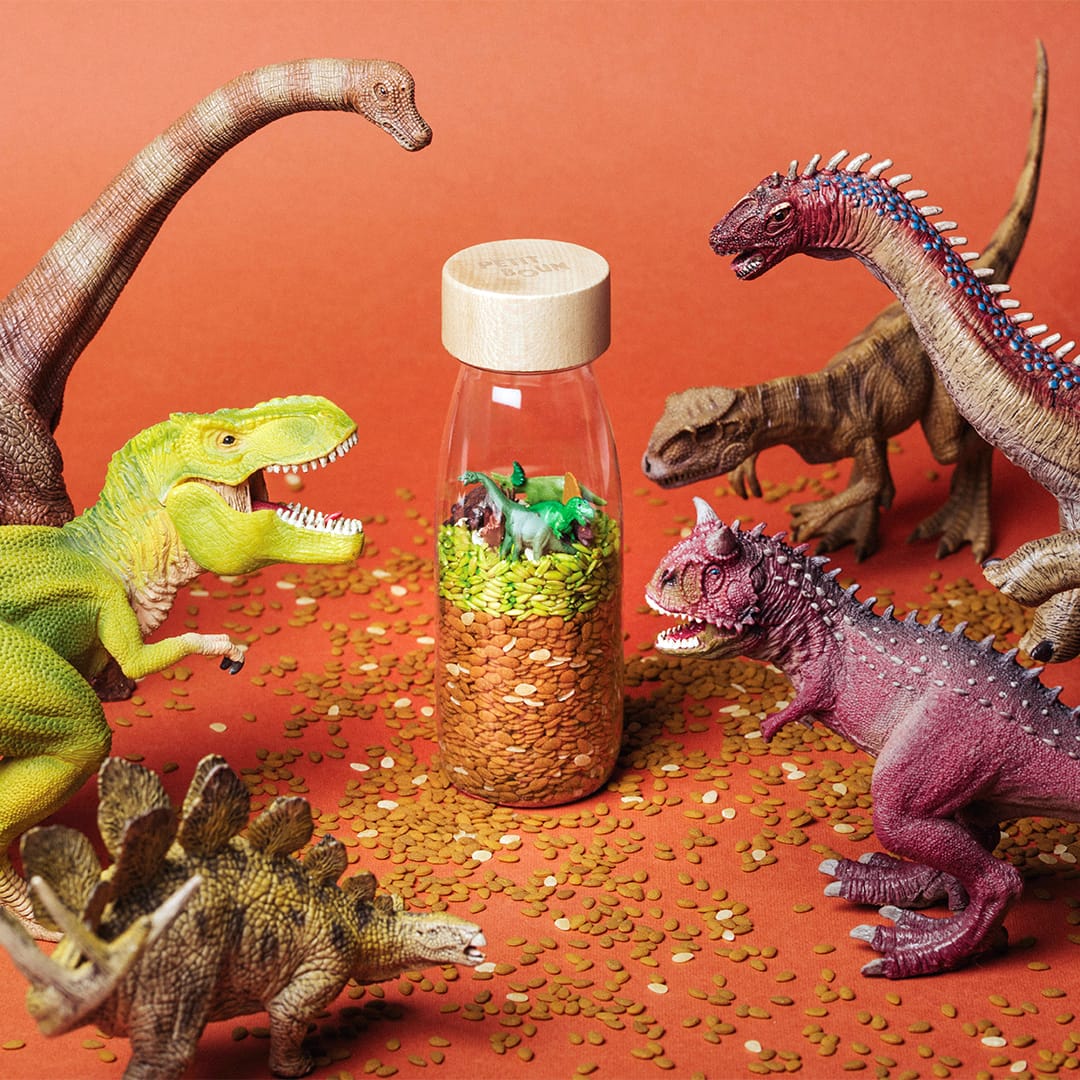 Découvrez la Petit Boum Spy Bottle Jurassic – une bouteille sensorielle remplie de dinosaures. Parfait pour les enfants curieux qui veulent en savoir plus sur la préhistoire par le jeu.
