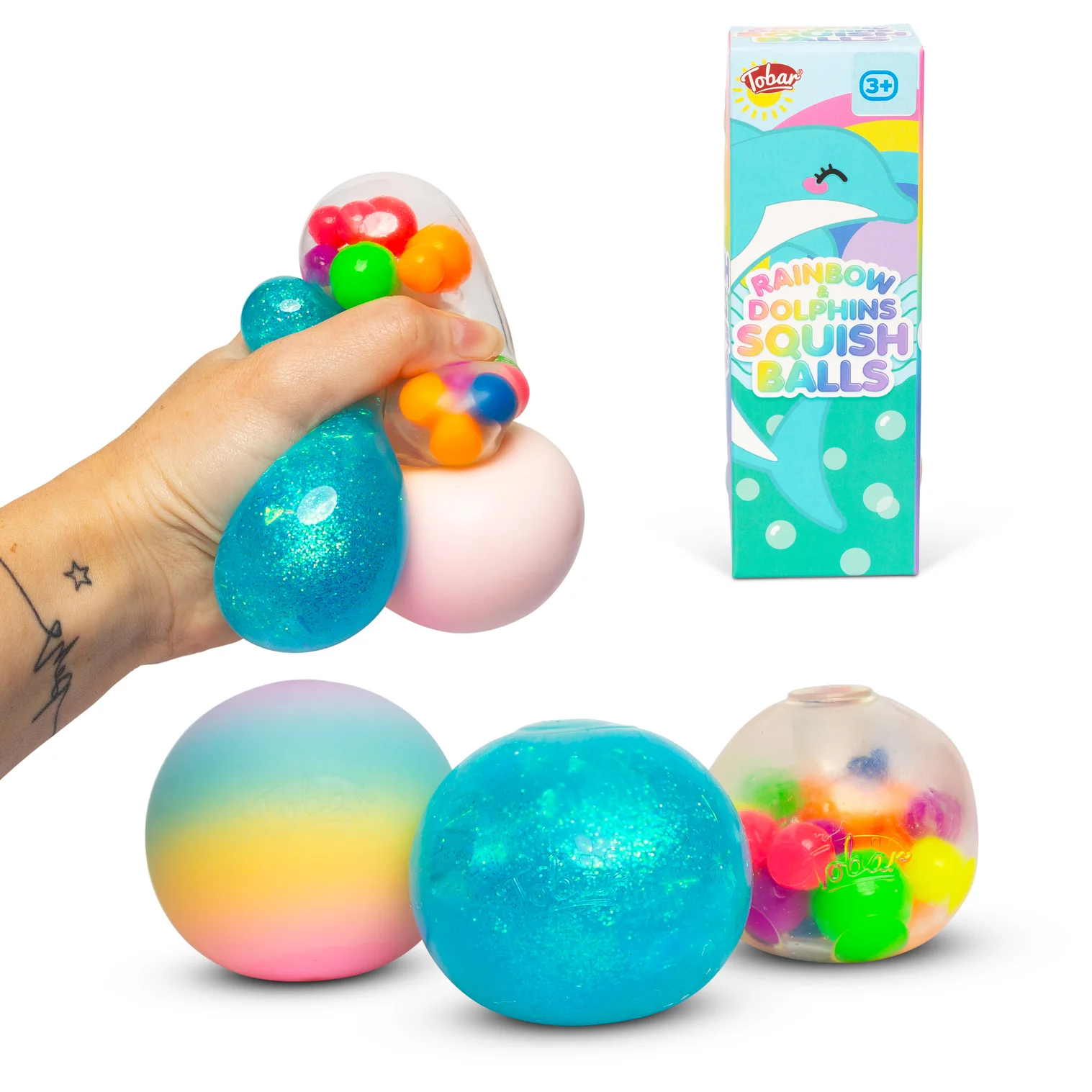 Lot de 3 boules spongieuses sur le thème du dauphin et de l’arc-en-ciel - jouet coloré pour soulager le stress