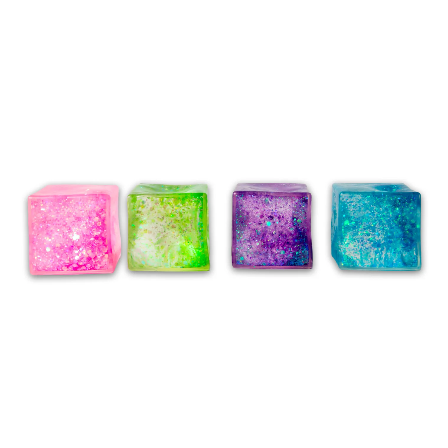 Scrunchems Glitter Cube, un squishy cube doux avec des paillettes et un remplissage en gel, parfait pour la relaxation, la réduction du stress et le jeu sensoriel.