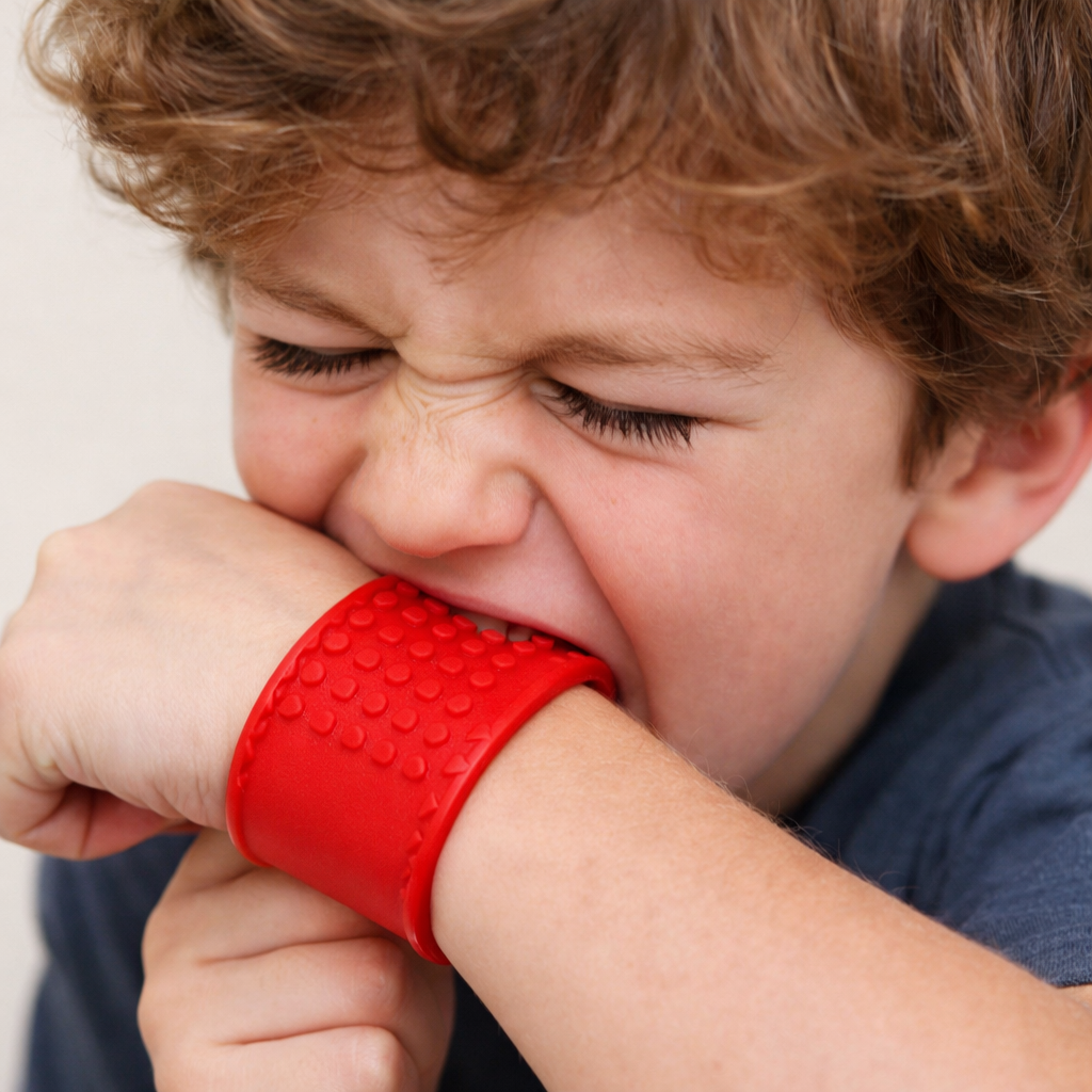 Bracelet à mâcher Senso Band avec différentes textures – bracelet sensoriel pour enfants ayant besoin de stimuli de mastication et d’input tactile, aide à réduire l’agitation, la tension et le traitement des stimuli.